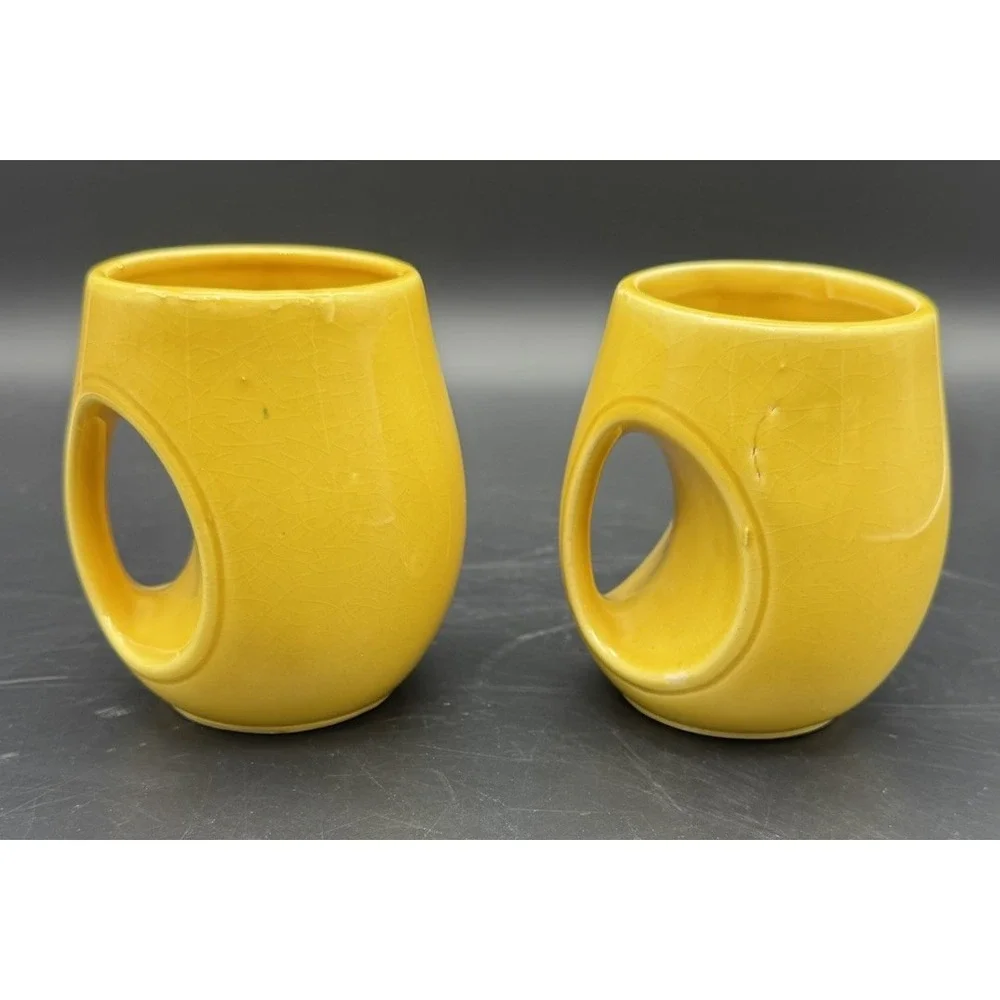 Vintage Bright Yellow Ceramic Tea Cups Set Of 8 MCM Japan Circular Handle 6-7 Oz
